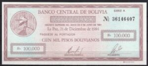 100.000 pesos bolivianos 1984  P 188-a  UNC