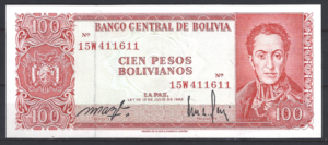 100 Pesos Bolivianos 1962  P 164A-2  UNC