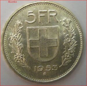KM 40  5 Francs 1953B  UNC  zilver