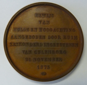 Penning Mr. J.G. Everwijn, Oud-burgemeester Gemeente Culemborg 1873