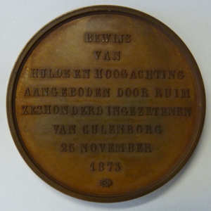 Penning Mr. J.G. Everwijn, Oud-burgemeester Gemeente Culemborg 1873