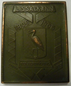 Plaquette Eeuwfeest Bankiers Lissa & Kann, s-Gravenhage 1906  RARE!!!