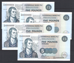 4x 5 Pounds 21-7-1996  P CS1  Robert Burns  UNC