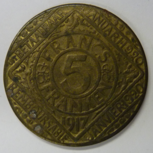 Noodmunt 5 Francs 1917, Stad Gent, Ville de Gand